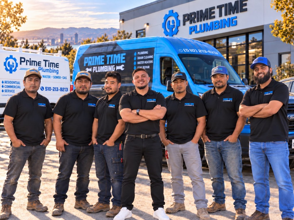 The Prime Time Plumbing crew standing in front of their branded service vans and headquarters